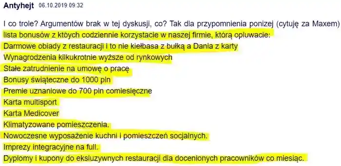 Użytkownik Antyhejt w dniu 06.10/2019 wymienia 
                wszystkie bonusy dla pracowników, jakie zostały wprowadzone za zarządów Dyrektora Jakuba Regulskiego w firmie