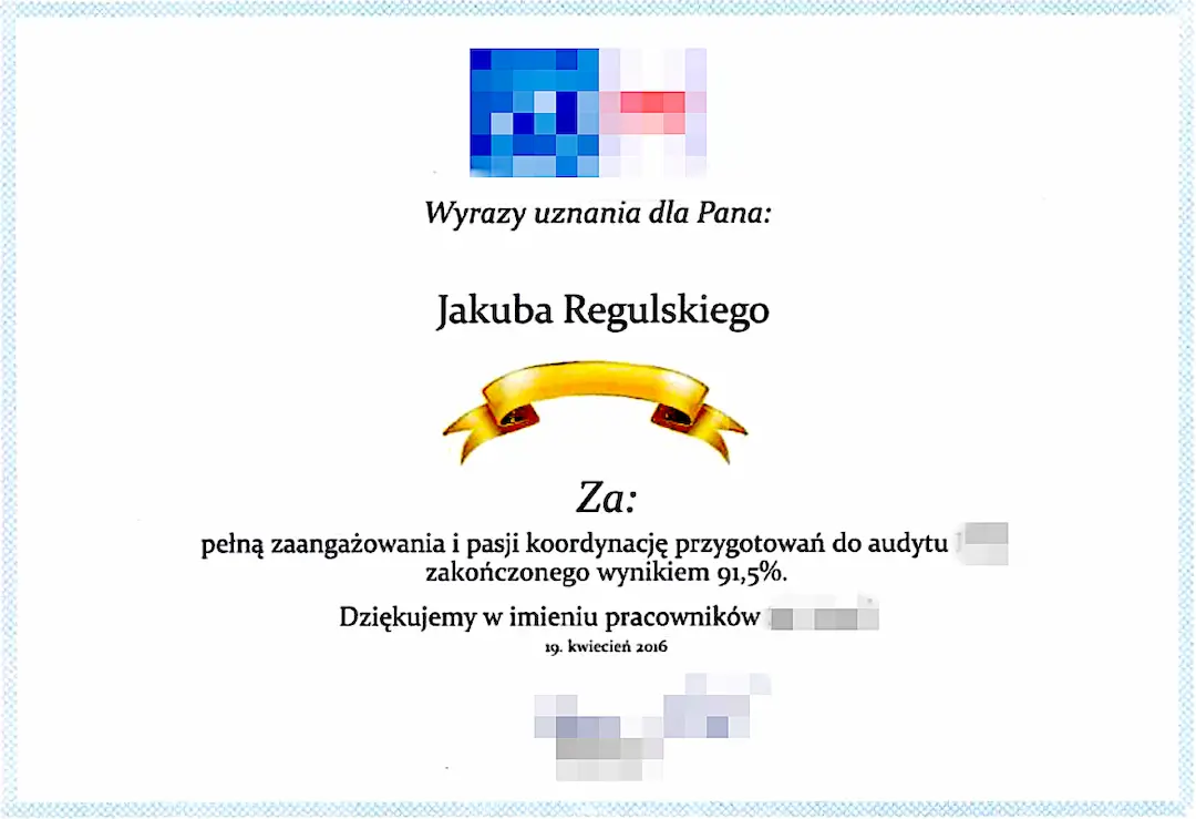 Jakub Regulski — Dyplom za wyniki audytu zarządzania